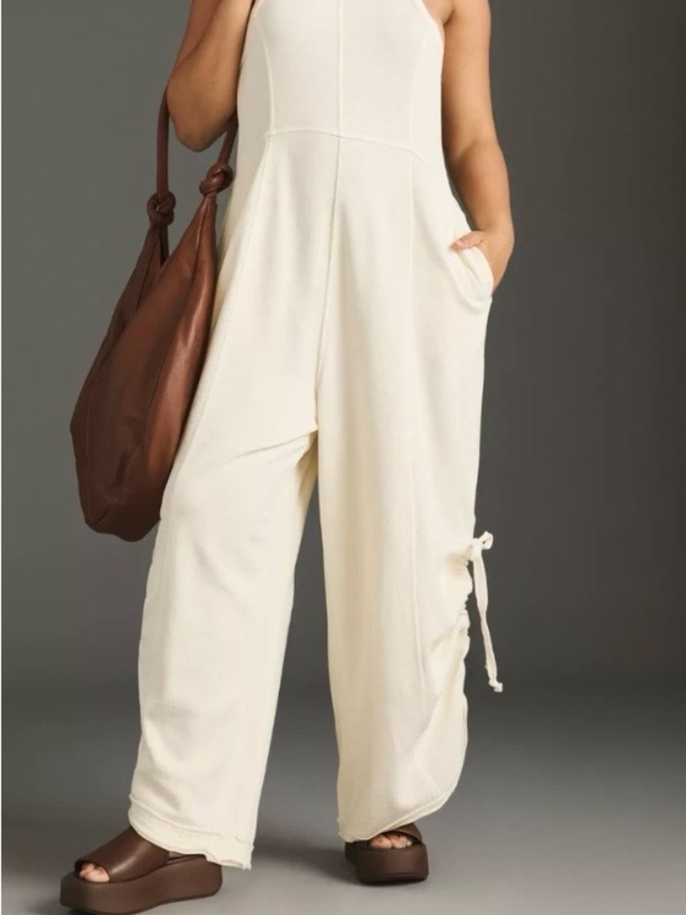 Anthropologie Cream Wide-Leg Halter Jumpsuit with Side Tie
